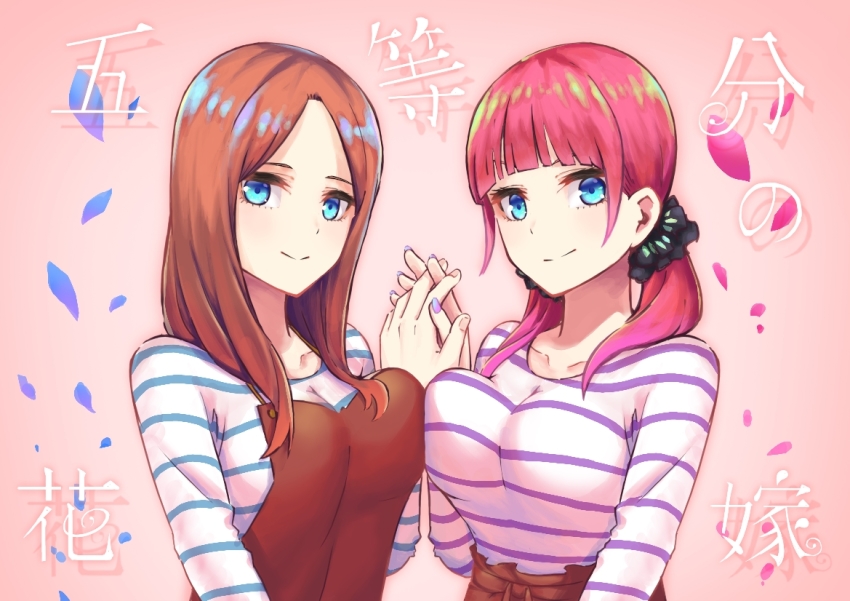2girls, aged_up, blue_eyes, blunt_bangs, breast_press, breasts, brown_hair, cleavage