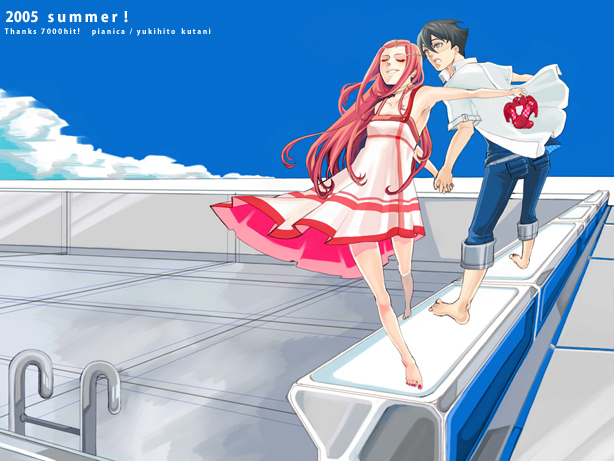 00s, 1boy, 1girl, 2005, :d, anemone_(eureka_seven), armpits, barefoot, blue_sky, brown_eyes, brown_hair, cloud, day, denim, dominic_sorel, eureka_seven, eureka_seven_(series), closed_eyes, full_body, hair_ornament, hairclip, hat, jacket, kutani_yukihito, ladder, leaning_forward, milestone_celebration, nail_polish, open_clothes, open_jacket, open_mouth, outdoors, outstretched_arm, pink_hair, pocket, red_nails, rooftop, short_sleeves, sky, smile, standing, teeth, toenail_polish, toenails, wind