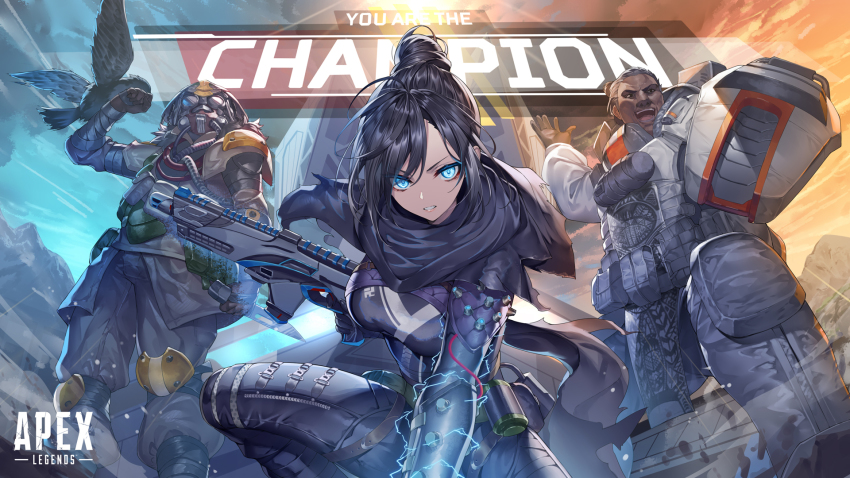 1girl, 2boys, animification, apex_legends, arm_up, armor, assault_rifle, bandaged_arm