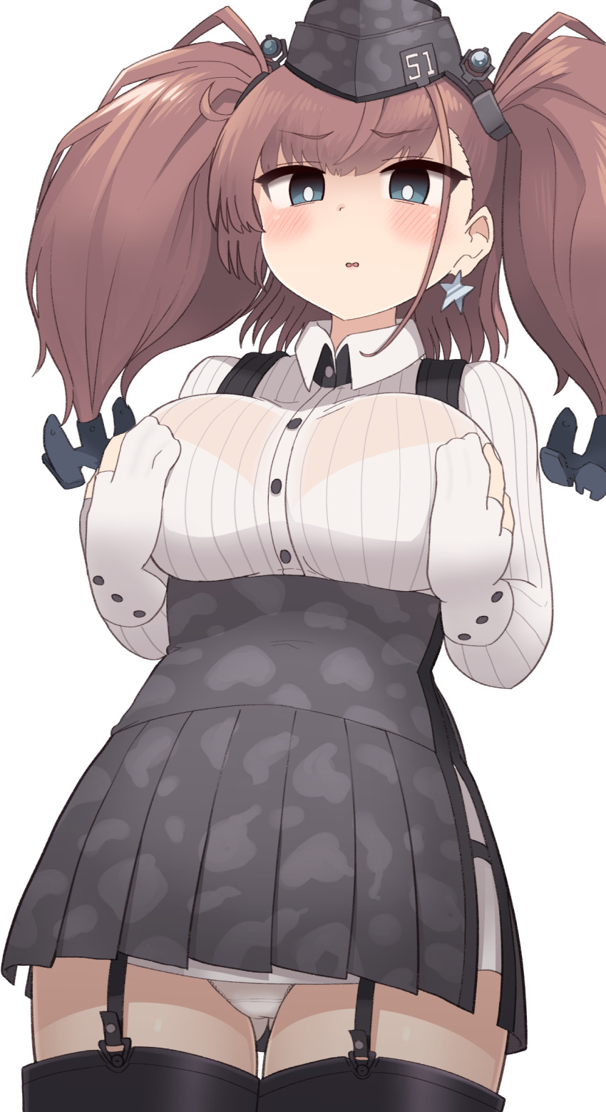 1girl, anchor_hair_ornament, atlanta_(kancolle), black_hat, blue_eyes, blush, breasts, brown_hair