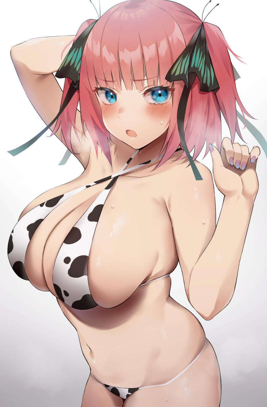 1girl, animal_print, bare_shoulders, bikini, black_ribbon, blue_eyes, blunt_bangs, blush