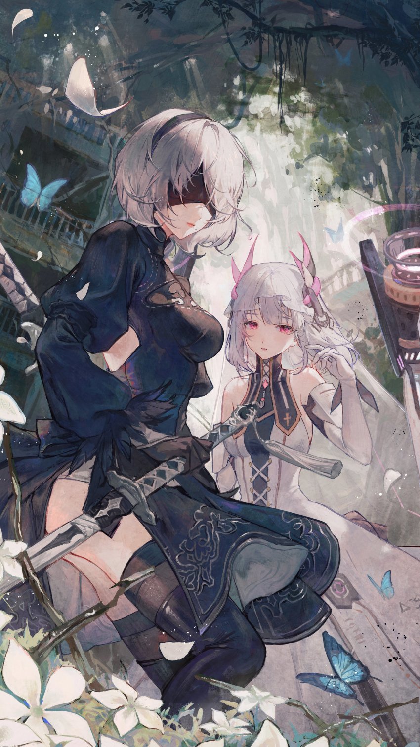 2b_(nier:automata), 2girls, absurdres, ass, balancing, bare_shoulders, black_dress, black_legwear