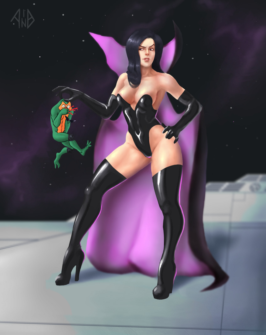 1boy, 1girl, arcincub, bare_shoulders, barefoot, battletoads, black_cape, black_footwear