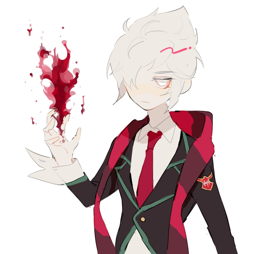 1boy, academy_vladimir, blood, closed_mouth, floating, frown, hair_over_one_eye, highres, league_of_legends, male_focus, necktie, p_ar, red_necktie, red_scarf, scarf, school_uniform, simple_background, solo, vladimir_(league_of_legends), white_background, white_eyes, white_hair