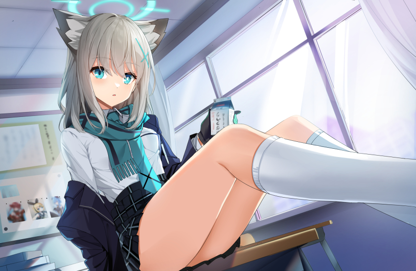 1girl, animal_ears, ass, black_gloves, black_jacket, black_skirt, blazer, blue_archive, breast_pocket, breasts, bright_pupils, classroom, drink_carton, ebi_bento, fox_ears, fringe_trim, gloves, grey_hair, hair_ornament, halo, high-waist_skirt, highres, holding, holding_milk_carton, indoors, jacket, kneehighs, legs_up, long_hair, long_sleeves, looking_at_viewer, milk_carton, miniskirt, off_shoulder, open_clothes, open_jacket, parted_lips, plaid_clothes, plaid_skirt, pleated_skirt, pocket, scarf, school_uniform, shiroko_(blue_archive), shirt, shirt_tucked_in, skirt, small_breasts, socks, solo, thighs, white_shirt, white_socks