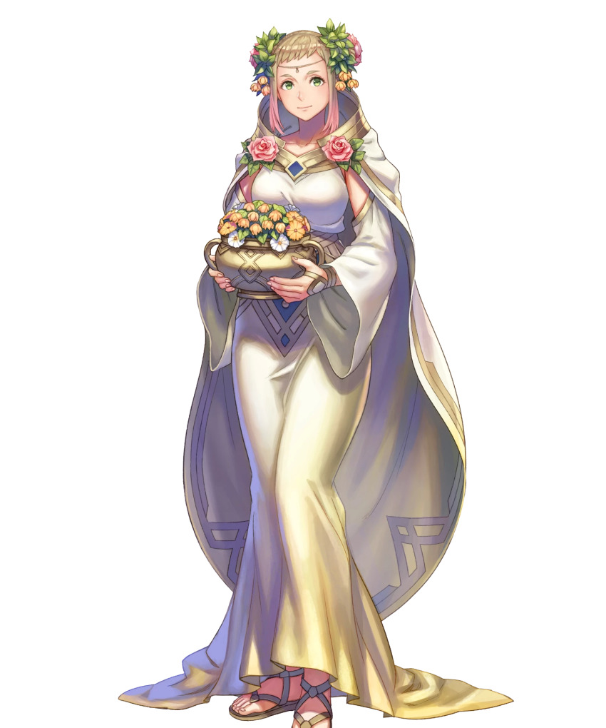 1girl, anbe_yoshirou, blonde_hair, breasts, cape, circlet, dress, fire_emblem, fire_emblem_heroes, flower_pot, full_body, gold_trim, gradient_clothes, gradient_hair, hair_ornament, henriette_(fire_emblem), henriette_(valentine)_(fire_emblem), highres, long_dress, medium_breasts, multicolored_hair, nintendo, official_art, pink_hair, sandals, toes, transparent_background, wide_sleeves