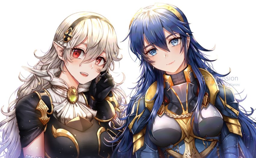 2girls, armor, black_armor, blue_eyes, blue_hair, blush, breasts, cape, female_corrin_(fire_emblem), female_corrin_(nohr_noble)_(fire_emblem), fingerless_gloves, fire_emblem, fire_emblem_awakening, fire_emblem_fates, fire_emblem_heroes, gloves, hair_between_eyes, hair_ornament, hairband, long_hair, looking_at_viewer, lucina_(fire_emblem), lucina_(glorious_archer)_(fire_emblem), multiple_girls, nintendo, open_mouth, pointy_ears, red_eyes, silver_hair, simple_background, smile, super_smash_bros., tiara, wani_(fadgrith)