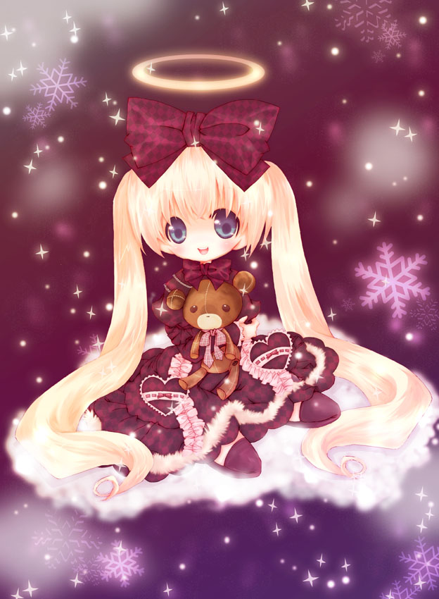 blonde_hair, blue_eyes, bow, dress, hair_bow, keimari, long_hair, snowflakes