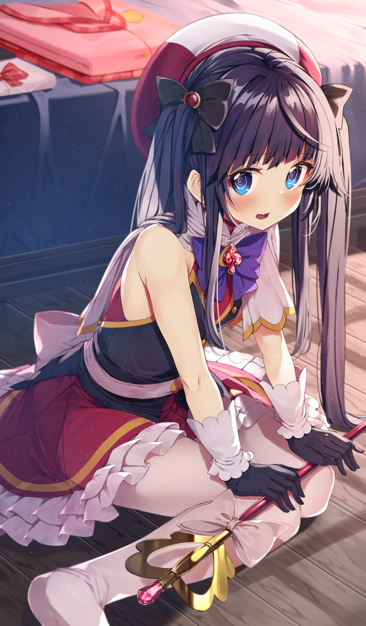 1girl, @_@, bare_shoulders, beret, black_bow, black_gloves, black_hair, black_shirt, blue_eyes, blush, bow, commentary_request, fang, frilled_skirt, frills, gloves, gurasion_(gurasion), hair_bow, hat, highres, holding, holding_staff, indoors, kasumi_(princess_connect!), kasumi_(real)_(princess_connect!), long_hair, looking_at_viewer, no_shoes, on_floor, open_mouth, pantyhose, princess_connect!, red_skirt, shirt, sitting, skirt, sleeveless, sleeveless_shirt, solo, staff, two_side_up, very_long_hair, white_bow, white_pantyhose, wooden_floor