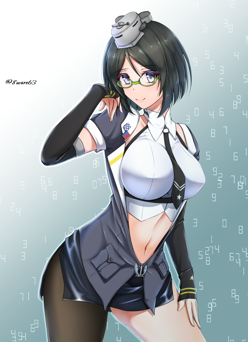 1girl, alternate_costume, asymmetrical_legwear, black_gloves, black_hair, black_necktie, black_pantyhose, black_skirt, blue_eyes, brown_jacket, cosplay, crop_top, dress_shirt, elbow_gloves, glasses, gloves, green-framed_eyewear, hachiware_(8ware63), headgear, highres, jacket, kantai_collection, kirishima_(kancolle), midriff, miniskirt, necktie, open_clothes, open_jacket, pantyhose, pencil_skirt, shirt, short_hair, short_sleeves, single_leg_pantyhose, skirt, sleeveless, solo, south_dakota_(kancolle), south_dakota_(kancolle)_(cosplay), uneven_legwear, white_shirt