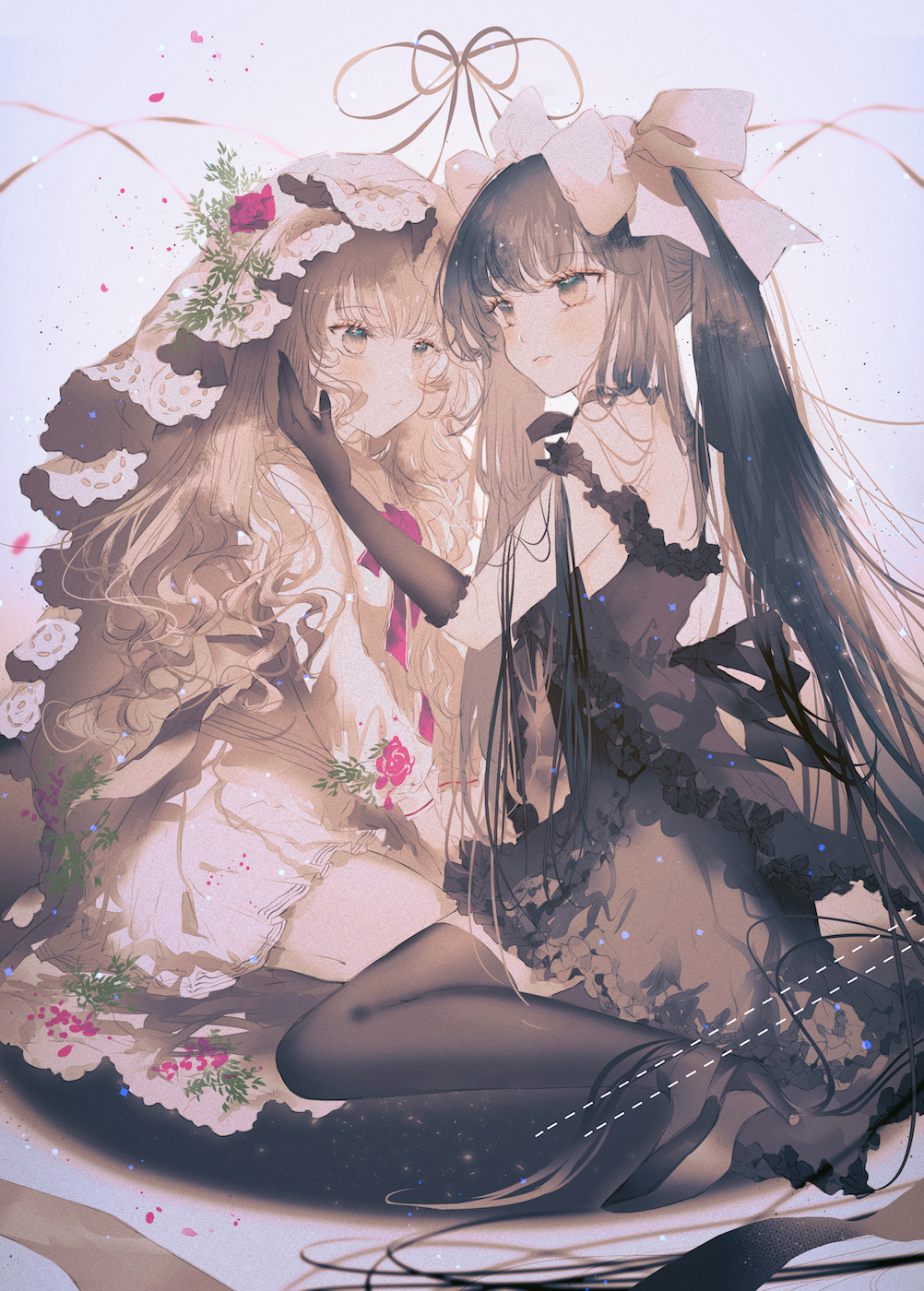 2girls, :/, arcaea, bare_shoulders, black_dress, black_footwear, black_legwear, blonde_hair, blurry, blurry_background, blush, bow, breasts, brown_eyes, brown_hair, character_request, closed_mouth, commentary_request, commission, dress, falling_petals, flower, frills, hair_bow, high_heels, highres, hikari_(arcaea), hikari_(zero)_(arcaea), long_hair, looking_at_another, majamari, multiple_girls, off_shoulder, parted_lips, petals, red_flower, red_ribbon, red_rose, ribbon, rose, simple_background, sitting, skeb_commission, small_breasts, tairitsu_(arcaea), tairitsu_(sonata)_(arcaea), thighhighs, twintails, very_long_hair, wariza, wavy_hair, white_background, white_bow, white_dress, yellow_eyes, yuri