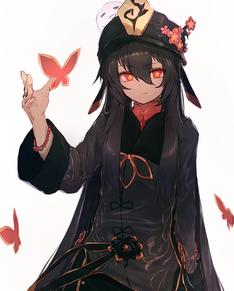 1girl, bad_id, bad_pixiv_id, bead_bracelet, beads, black_dress, black_nails, boo_tao_(genshin_impact)