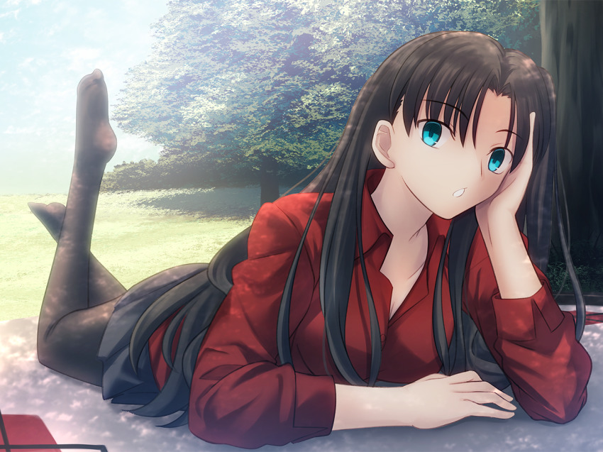 1girl, :o, arm_support, black_skirt, blue_eyes, brown_hair, collared_shirt, fate/stay_night, fate_(series), grass, hair_down, long_sleeves, looking_at_viewer, lying, no_shoes, on_stomach, red_shirt, shirt, shoori_(migiha), skirt, solo, the_pose, thighhighs, tohsaka_rin, tree, type-moon