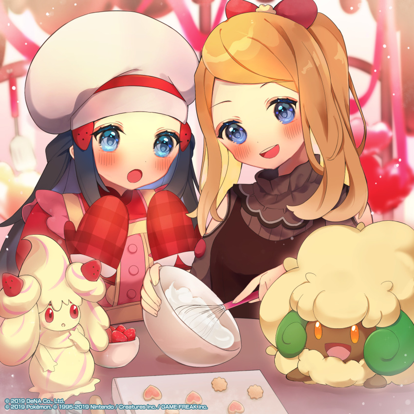 2girls, :o, alcremie, alcremie_(strawberry_sweet), apron, blue_eyes, blush, bow