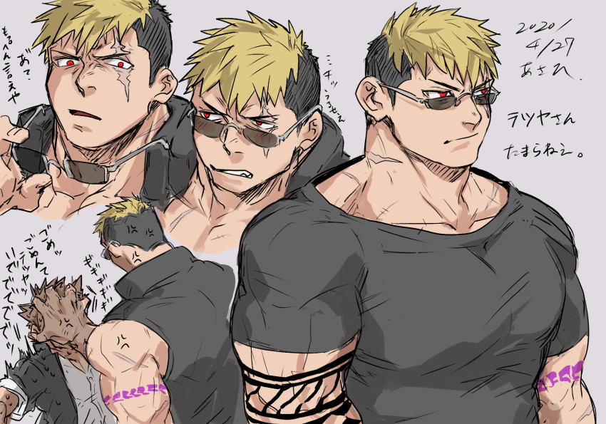 2boys, arm_tattoo, bara, black_shirt, collage, collarbone, grabbing_another's_face, head_grab