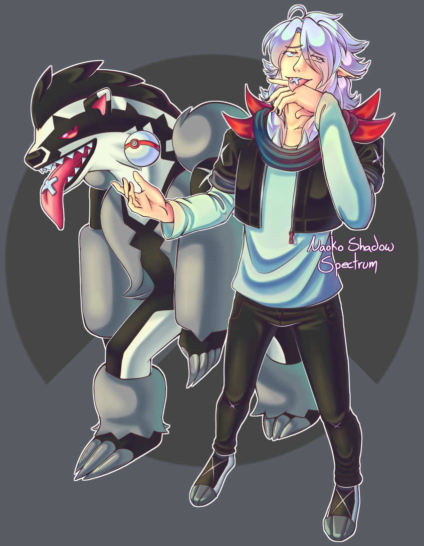full_body, furry, gen_8_pokemon, gym_leader, highres, naoko_shadow_spectrum, nash_balaur_patru_ochi, nintendo, obstagoon, original, poke_ball, pokemon, pokemon_(creature), pokemon_sword_and_shield, red_eyes, sitri, tattoo, tongue, tongue_out, tongue_tattoo, white_hair