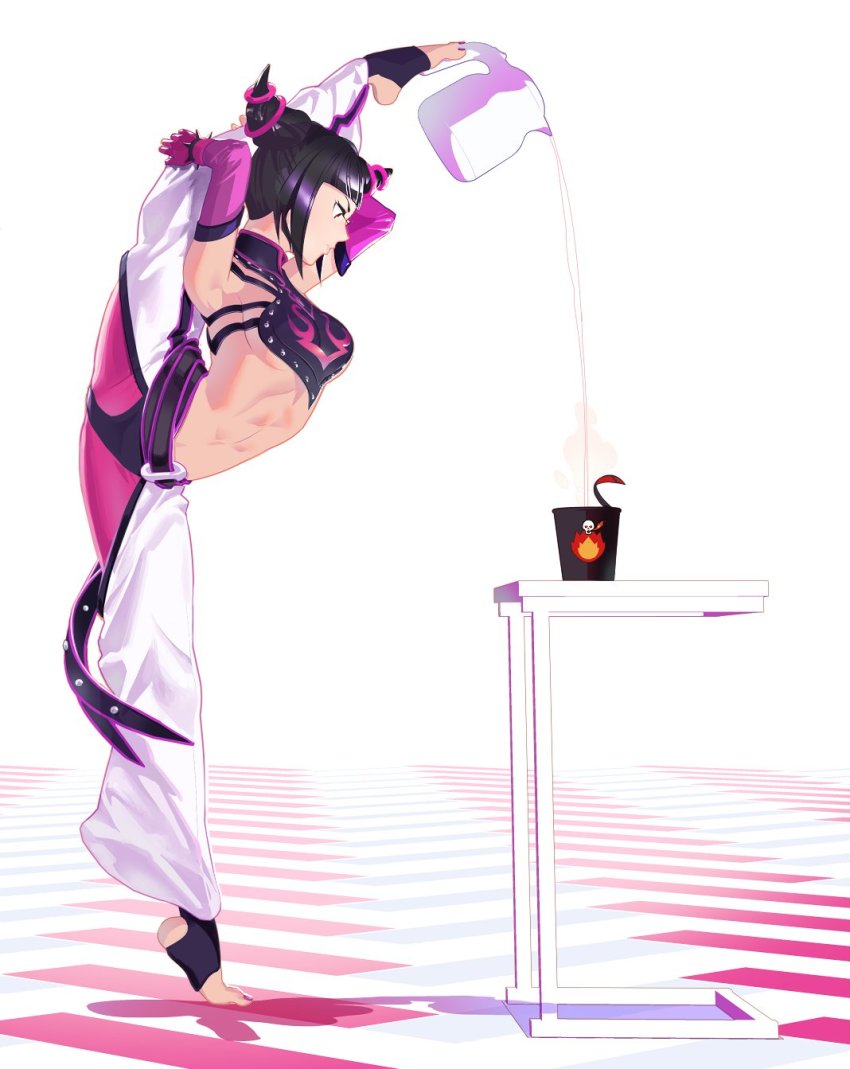 1girl, breasts, capcom, chaps, cleavage, cofffee, instant_cup_noodles, decantering