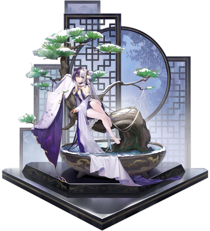 1girl, azur_lane, bare_shoulders, blue_eyes, blush, branch, cone_hair_bun, dress, feet, fur-trimmed_sleeves, fur_trim, hair_bun, hair_ornament, highres, in_tree, long_hair, looking_at_viewer, multicolored_hair, official_alternate_costume, official_art, open_mouth, pantyhose, sitting, sitting_in_tree, smile, snow, transparent_background, tree, two-tone_hair, very_long_hair, white_dress, white_pantyhose, ying_swei_(azur_lane), ying_swei_(snowy_pine's_warmth)_(azur_lane), yyy_(zelda10010)