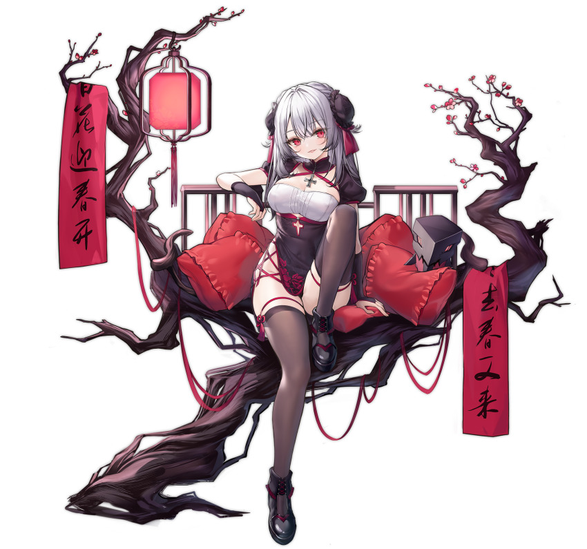 1girl, alic_miao, azur_lane, black_dress, black_footwear, black_thighhighs, branch, breasts