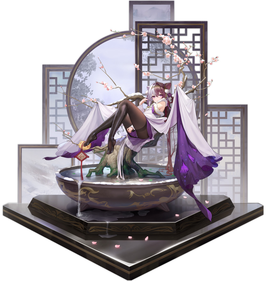 1girl, azur_lane, bare_shoulders, between_legs, black_pantyhose, blush, branch, chao_ho_(azur_lane), chao_ho_(plum_blossom's_illumination)_(azur_lane), cone_hair_bun, detached_sleeves, feet, flower, fur-trimmed_sleeves, fur_trim, hair_between_eyes, hair_bun, hand_between_legs, highres, long_hair, looking_at_viewer, manjuu_(azur_lane), multicolored_hair, official_alternate_costume, official_art, panties, pantyhose, purple_eyes, red_hair, sitting, snow, stepped_on, transparent_background, two-tone_hair, underwear, watermark, wet, wet_legwear, yyy_(zelda10010)