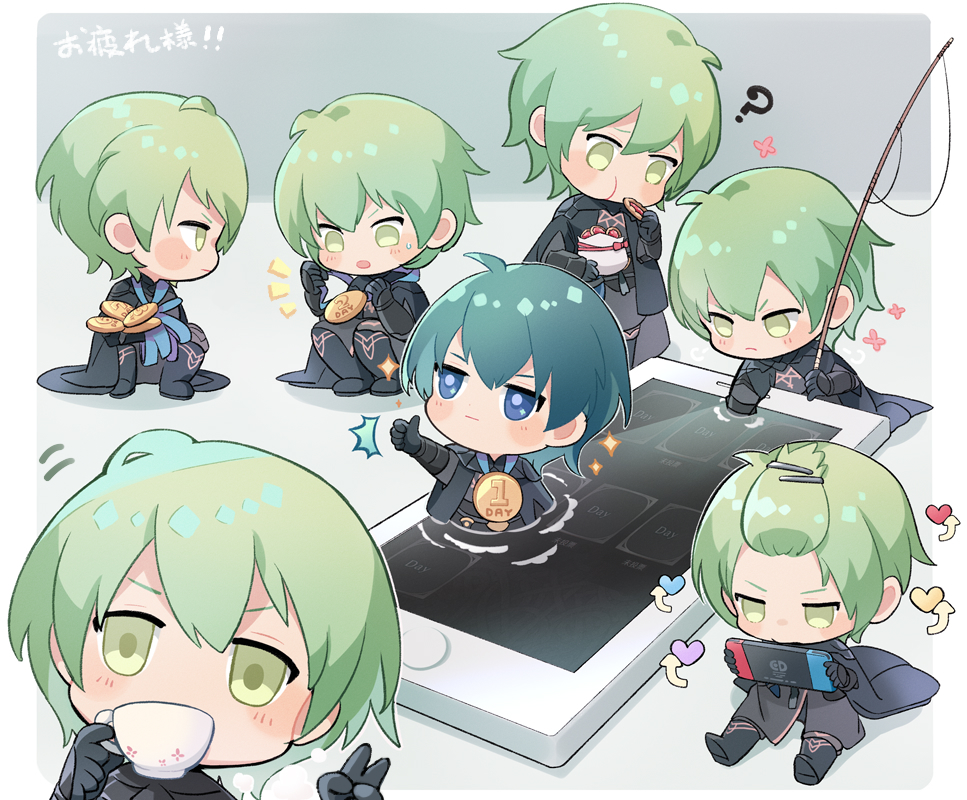 1boy, 23@5, ?, alternate_hairstyle, armor, artist_name, black_gloves, blue_hair