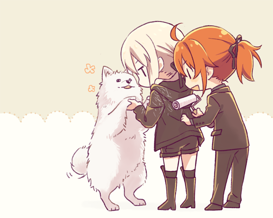animal, artoria_pendragon_(fate), belt, black_jacket, black_suit, boots, cavall_ii_(fate), dog