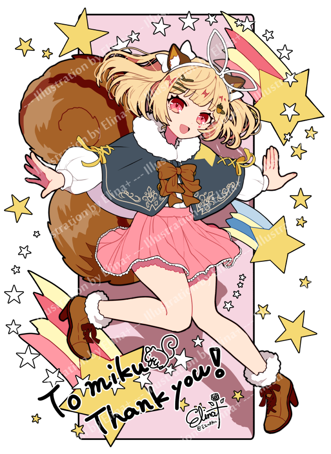 1girl, animal_ears, blonde_hair, commission, elina_(e2n04n), english_text, food-themed_hair_ornament, full_body, fur_collar, hair_ornament, hair_ribbon, hairclip, indie_virtual_youtuber, knees_together_feet_apart, open_mouth, ribbon, risu_(oppabo), solo, star_(symbol), tail, thank_you, virtual_youtuber