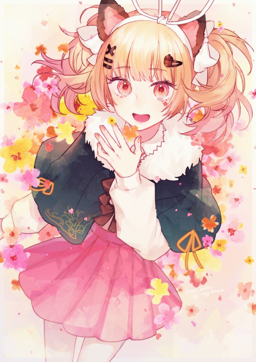 1girl, absurdres, animal_ears, blonde_hair, food-themed_hair_ornament, fur_collar, hair_ornament, hair_ribbon