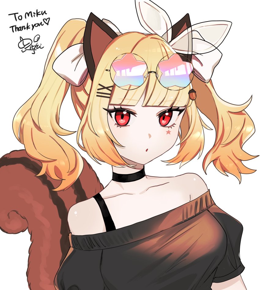 1girl, absurdres, acorn, animal_ears, blonde_hair, commission, eyewear_on_head, food-themed_hair_ornament