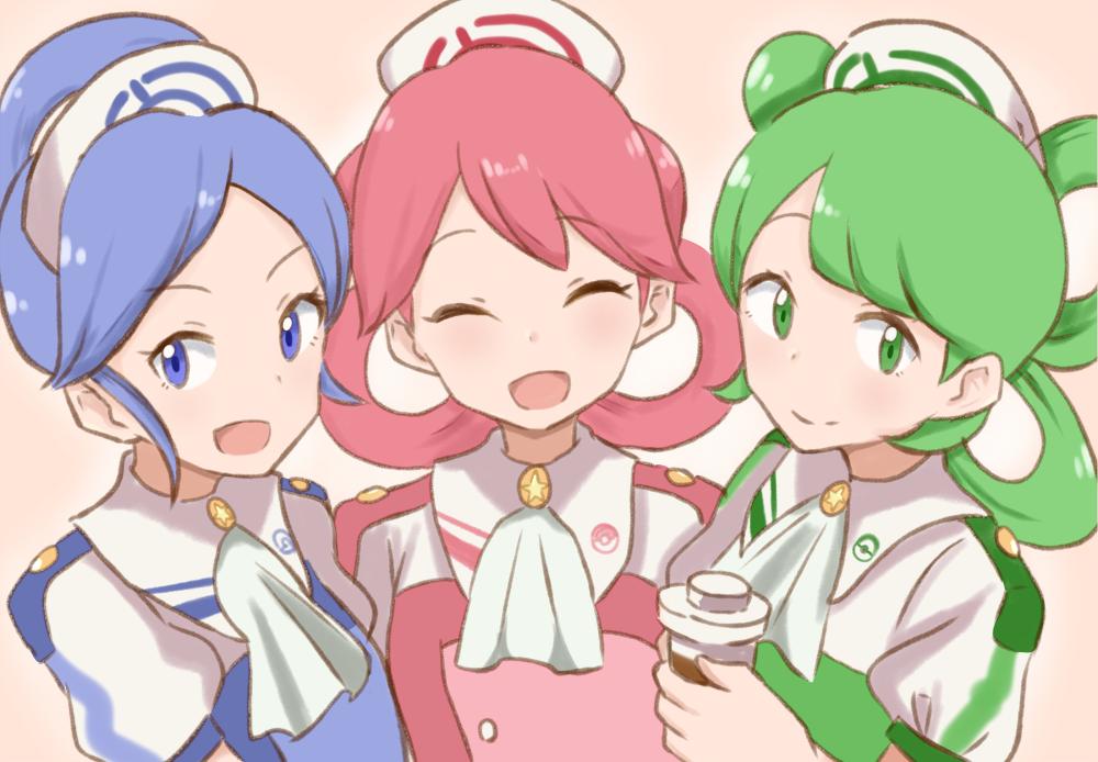 3girls, blue_eyes, blue_hair, blush, closed_eyes, cup, green_eyes, green_hair