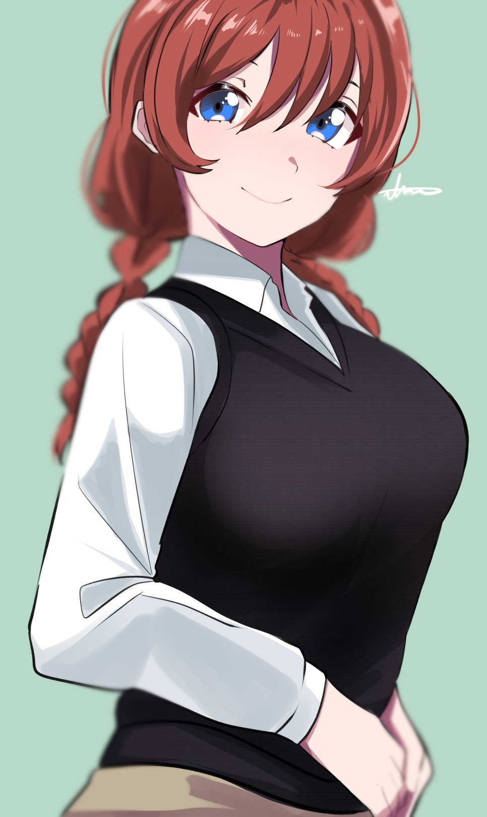 1girl, aqua_background, aqua_eyes, arlcn, arlcn_(arlcn_1115), artist_name, artist_request, black_vest