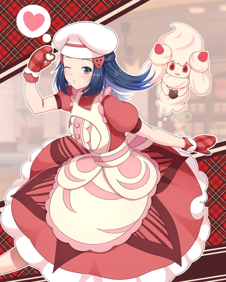 1girl, alcremie, apron, argyle_background, argyle_clothes, blue_eyes, blue_hair, blush, dawn_(palentine's_2021)_(pokemon), dawn_(pokemon), dress, feet_out_of_frame, gen_8_pokemon, hair_ornament, hairclip, hat, heart, long_hair, looking_at_viewer, mittens, nintendo, official_alternate_costume, one_eye_closed, pink_dress, pokemon, pokemon_masters_ex, red_background, red_mittens, short_sleeves, spoken_heart, trinnia_(pokemon), tsugaru_(co-walker), white_headwear