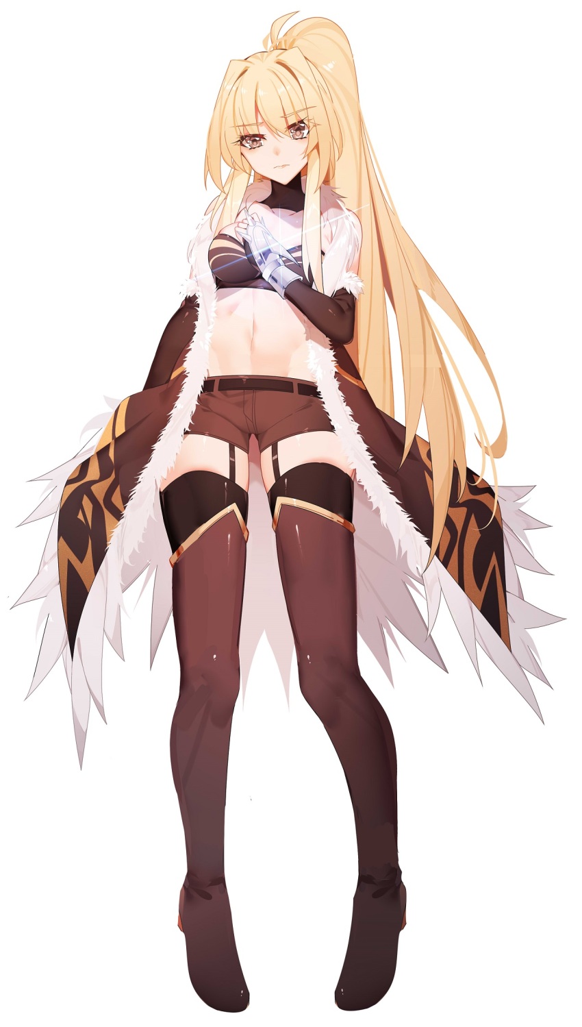 1girl, antenna_hair, black_thighhighs, blonde_hair, boots, breasts, coat, dungeon_and_fighter