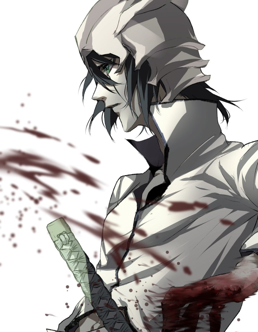 1boy, arrancar, black_hair, bleach, blood, blood_on_hands, closed_mouth, coat