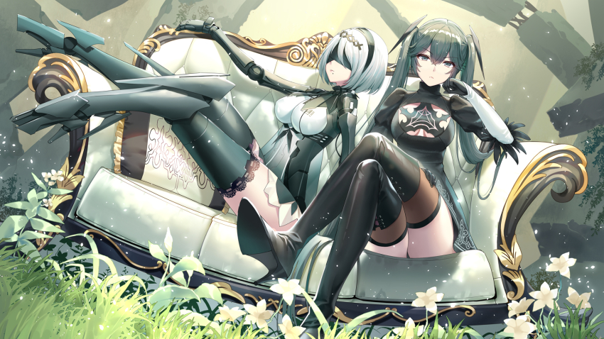 2b_(nier:automata), alternate_costume, black_footwear, black_hair, black_legwear, blindfold, boots, breasts