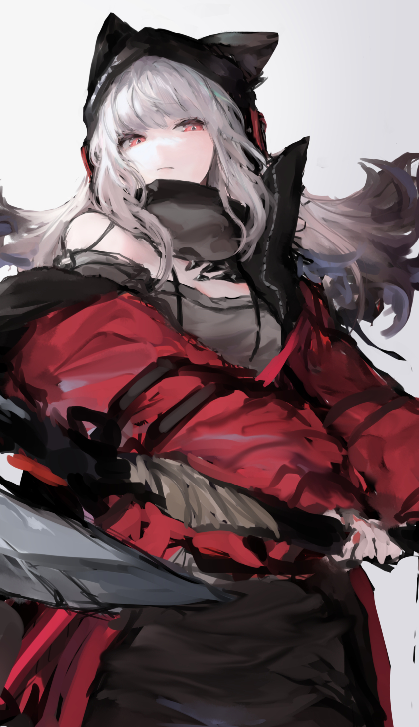 1girl, animal_ears, arknights, blouse, earphones, frostleaf_(arknights), grey_shirt, hat