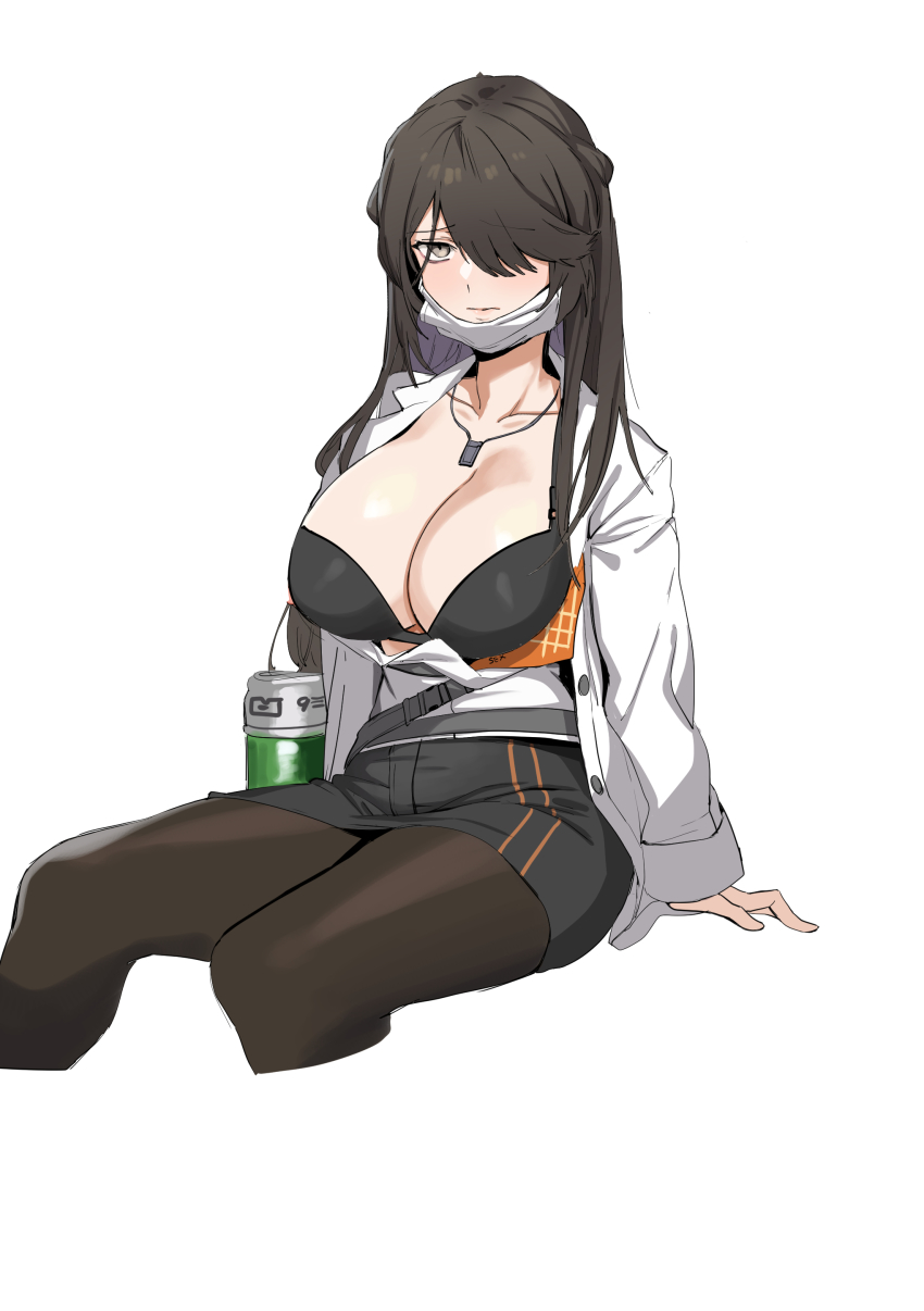 1girl, absurdres, banssee, black_hair, black_pantyhose, black_skirt, bra, breasts, cleavage, closed_mouth, collarbone, cropped_legs, girls'_frontline, hair_over_one_eye, highres, invisible_chair, large_breasts, leone_(girls'_frontline), long_hair, long_sleeves, looking_at_viewer, mask, mask_pull, mouth_mask, open_clothes, pantyhose, simple_background, sitting, skirt, solo, surgical_mask, underwear, white_background