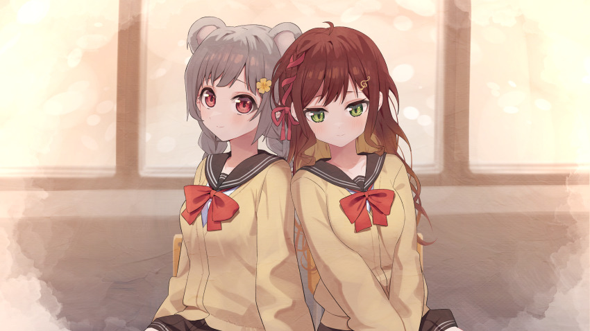 2girls, absurdres, animal_ears, black_sailor_collar, black_skirt, bow, braid, breasts, brown_cardigan, brown_flower, brown_hair, cardigan, commentary_request, commission, crossover, flower, fortissimo, green_eyes, grey_hair, hair_flower, hair_ornament, hair_ribbon, highres, indie_virtual_youtuber, long_hair, long_sleeves, looking_at_viewer, miori_celesta, mouse_ears, multiple_girls, musical_note, musical_note_hair_ornament, pixiv_commission, pleated_skirt, red_bow, red_eyes, red_ribbon, ribbon, sailor_collar, school_uniform, serafuku, shirt, sitting, skirt, small_breasts, syhan, treble_clef, tsunderia, twin_braids, two-tone_background, very_long_hair, virtual_youtuber, white_shirt, yuuka_bear