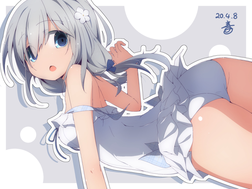 ass, back, bare_arms, bare_shoulders, border, breasts, circle, commentary_request