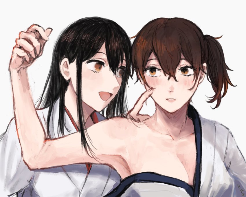 2girls, akagi_(kancolle), armpits, bare_shoulders, black_hair, breasts, brown_eyes, brown_hair, cleavage, commentary_request, highres, japanese_clothes, kaga_(kancolle), kantai_collection, kimono, long_hair, medium_breasts, multiple_girls, nidou, short_hair, side_ponytail, simple_background, upper_body, white_background