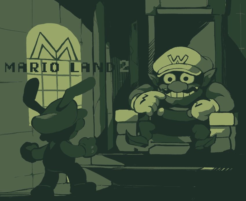 2boys, animal_ears, arm_rest, battle, large_nose, bunny_mario, buttons, clenched_hands