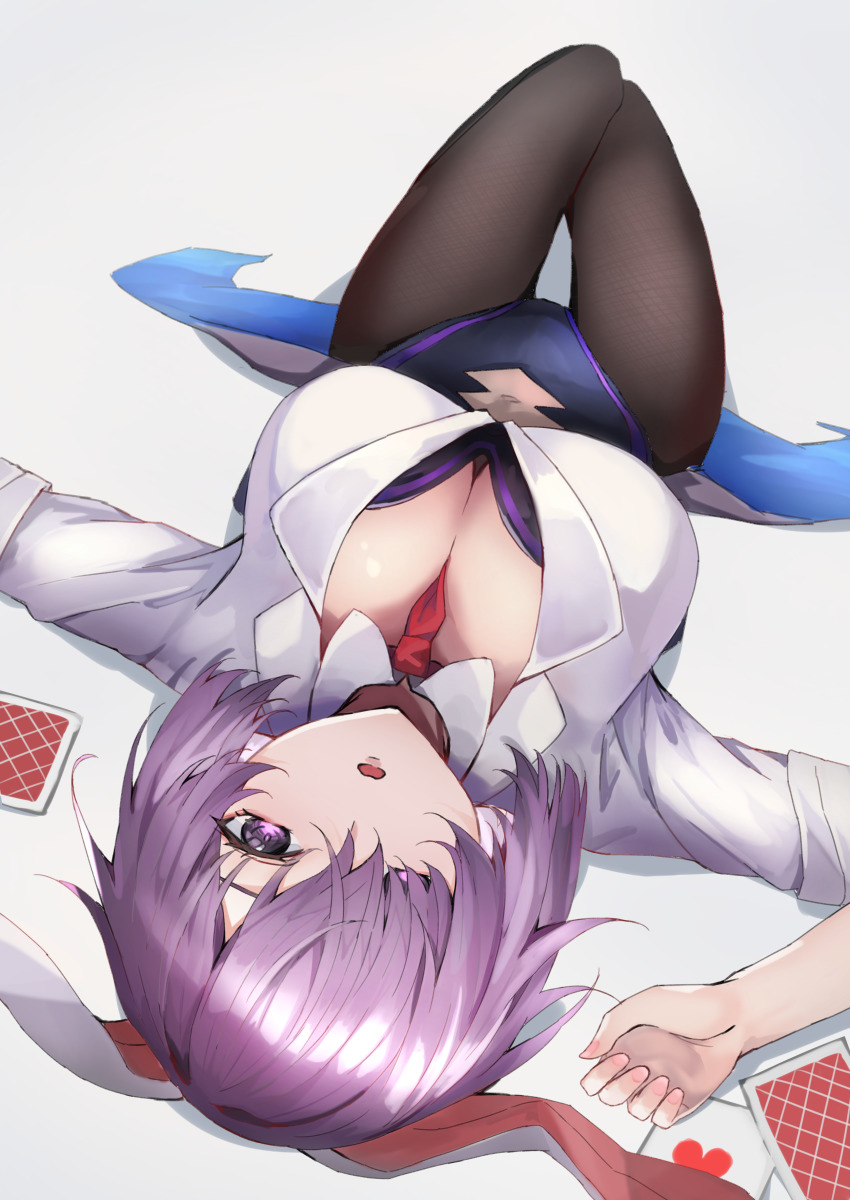 1girl, absurdres, akaneko_ken, alternate_costume, animal_ears, between_breasts, black_leotard, black_pantyhose, blush, breasts, cleavage, clothes_between_breasts, clothing_cutout, collared_shirt, dress_shirt, fake_animal_ears, fate/grand_order, fate_(series), hair_over_one_eye, highleg, highleg_leotard, highres, large_breasts, leotard, light_purple_hair, long_sleeves, looking_at_viewer, lying, mash_kyrielight, navel, navel_cutout, necktie, necktie_between_breasts, on_back, open_mouth, pantyhose, playboy_bunny, purple_eyes, rabbit_ears, shirt, short_hair, solo, thighs, white_shirt