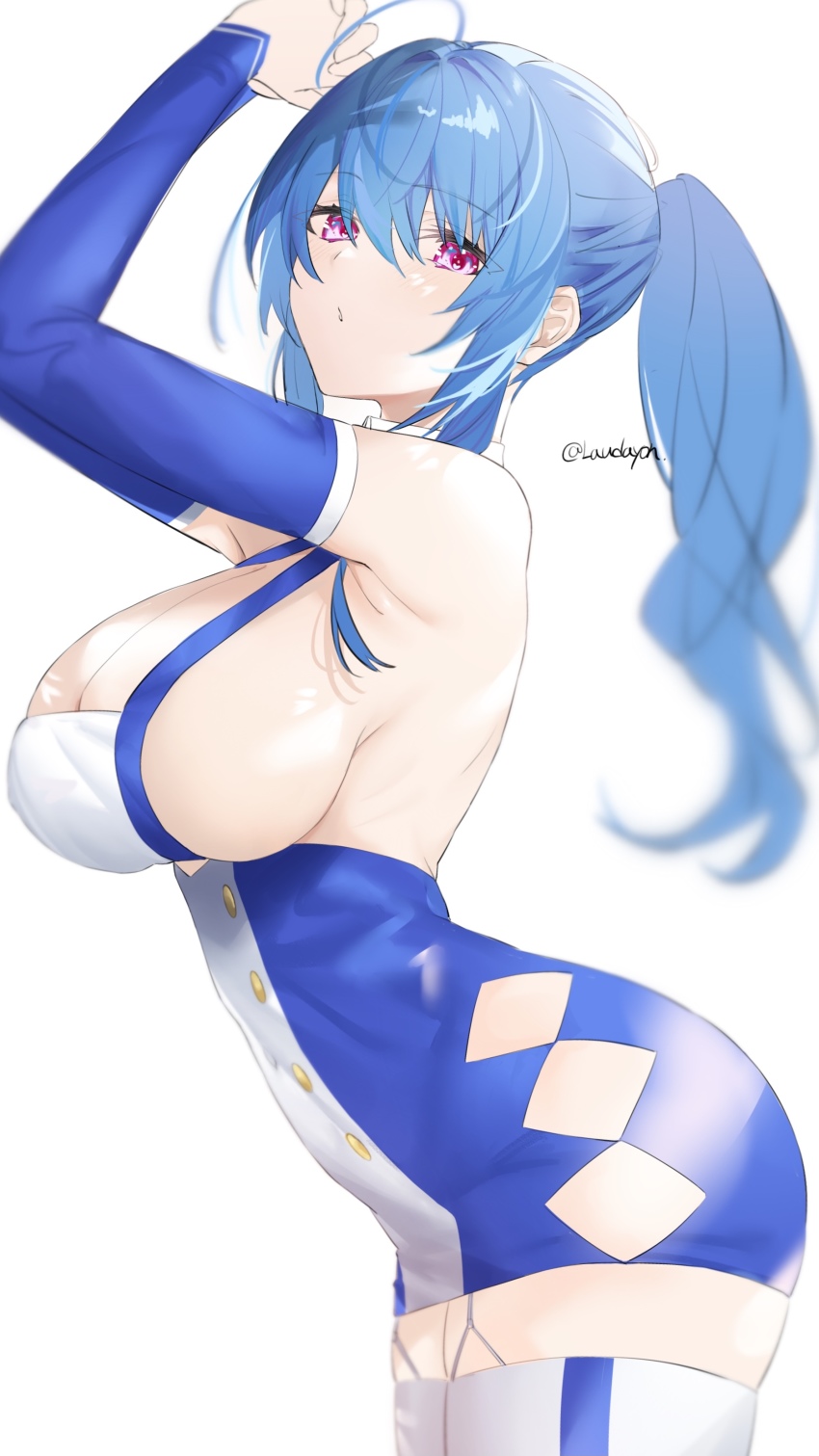 1girl, absurdres, armpits, ass, azur_lane, bad_id, bad_pixiv_id, blue_dress, blue_hair, breasts, buttons, cleavage, detached_sleeves, double-breasted, dress, from_side, garter_straps, highres, large_breasts, laudayon, long_hair, looking_at_viewer, microdress, ponytail, purple_eyes, simple_background, solo, st._louis_(azur_lane), taut_clothes, taut_dress, thighhighs, white_background, white_dress, white_thighhighs, zettai_ryouiki