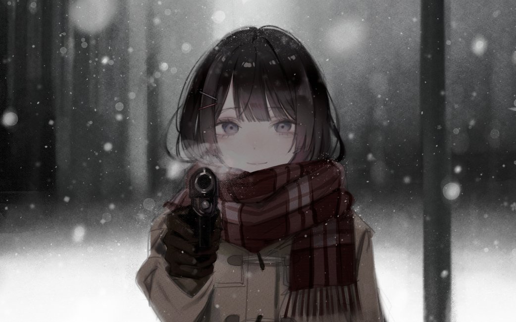 1girl, aiming, aiming_at_viewer, black_gloves, blunt_bangs, blurry, blurry_background, blurry_foreground