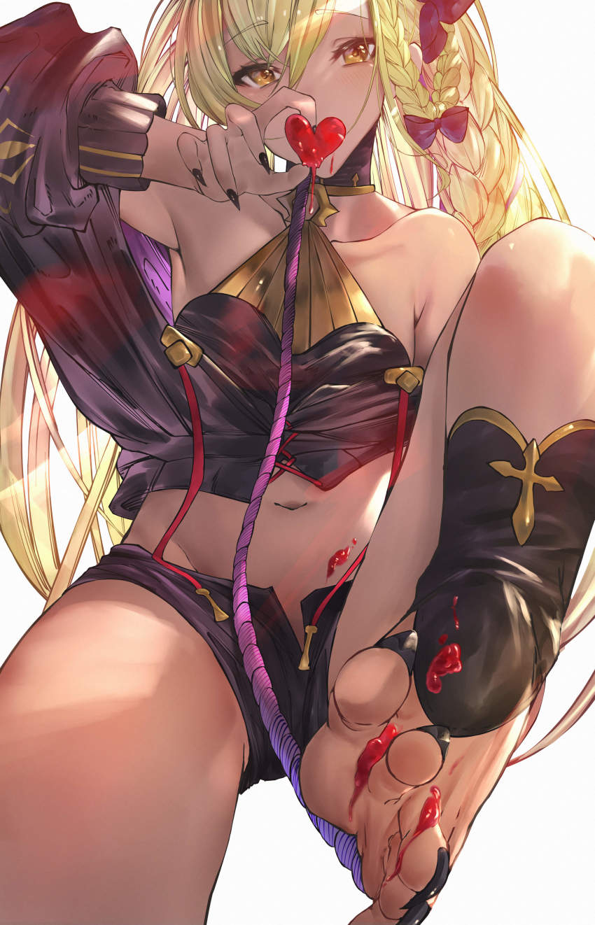 1girl, absurdres, alternate_costume, barefoot, betanonbeet, black_bow, black_nails, blonde_hair, bow, braid, covering_own_mouth, dark-skinned_female, dark_skin, detached_sleeves, fingernails, granblue_fantasy, hair_between_eyes, hair_bow, halterneck, heart, helel_ben_shalem, helel_ben_shalem_(coco-coated_dreams)_(granblue_fantasy), highres, holding, holding_heart, long_braid, long_hair, midriff, nail_polish, navel, sharp_fingernails, sharp_toenails, short_shorts, shorts, simple_background, solo, tan, toenail_polish, toenails, toes, white_background, yellow_eyes
