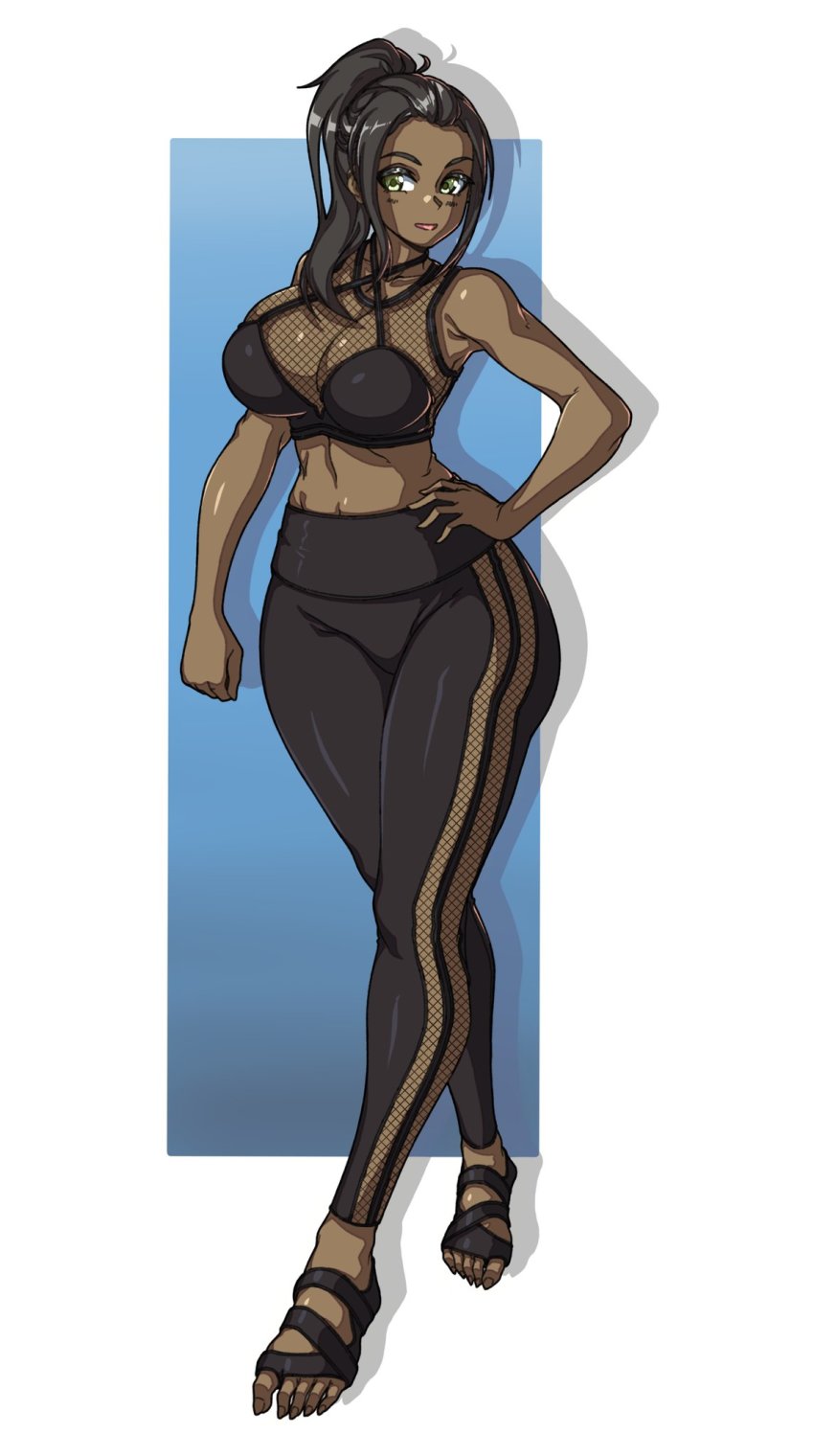 1girl, black_hair, breasts, brups_tv, cleavage, clenched_hand, commentary, commission