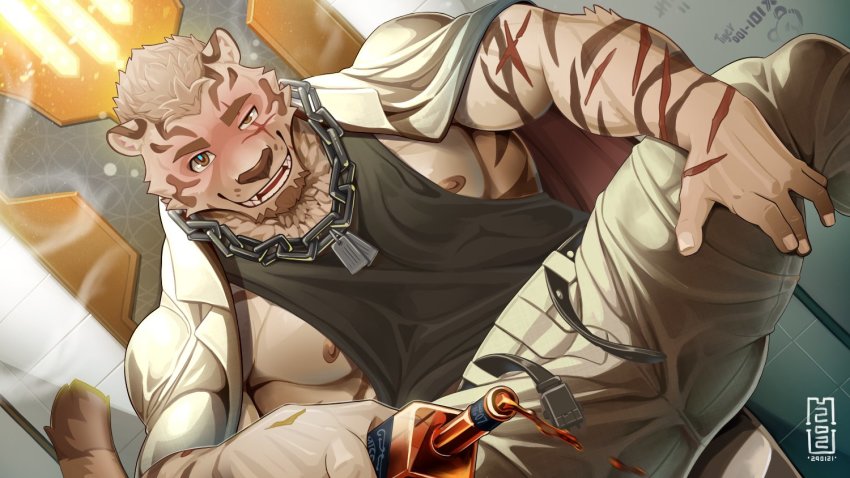 1boy, animal_ears, arknights, bara, belt, black_tank_top, blush, bottle, bright_pupils, chain, chain_necklace, dog_tags, drunk, dutch_angle, feet_out_of_frame, furry, furry_male, holding, holding_bottle, jewelry, looking_at_viewer, male_focus, mountain_(arknights), mumuthelion, muscular, muscular_male, necklace, nipples, open_belt, open_clothes, open_shirt, paid_reward_available, pants, pectorals, scar, scar_across_eye, scar_on_arm, scar_on_face, short_hair, sidepec, solo, spilling, spread_legs, tank_top, tiger_boy, tiger_ears, tiger_stripes, white_fur, white_pants, wine_bottle