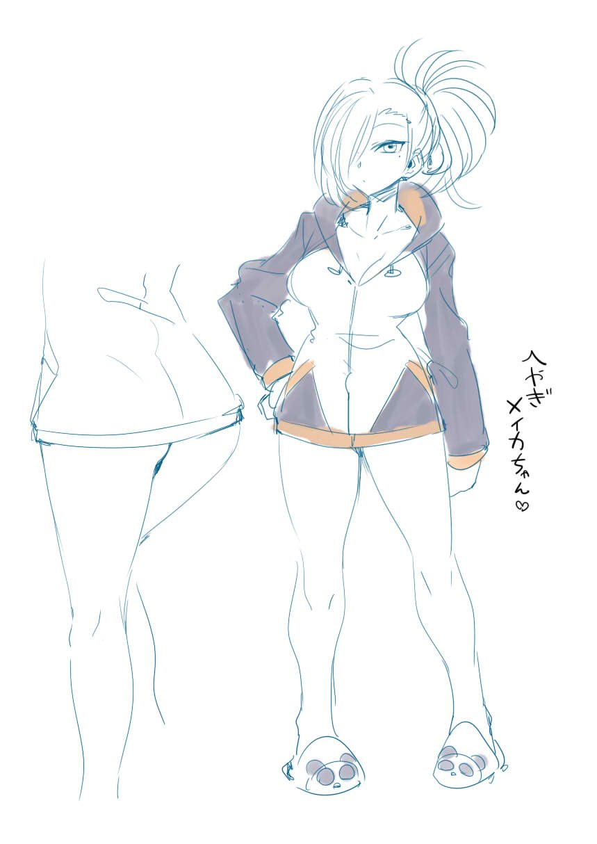 1girl, ass, bottomless, breasts, cleavage, closed_mouth, hand_on_own_hip, highres, looking_at_viewer, meika_channel, mole, multiple_views, short_hair, simple_background, slippers, tukiwani, utai_meika, virtual_youtuber, white_background