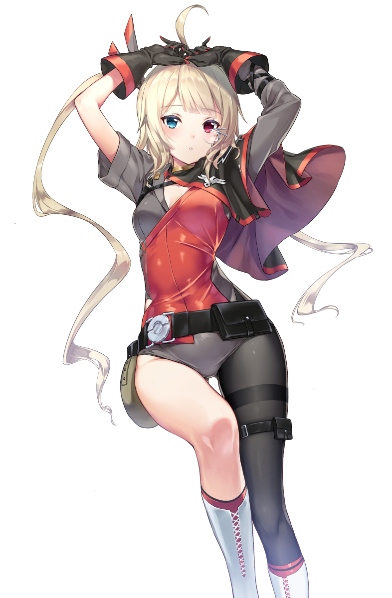 1girl, ahoge, arms_up, ash_arms, asymmetrical_hair, asymmetrical_legwear, asymmetrical_sleeves, belt