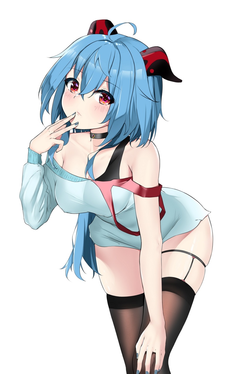 1girl, ahoge, alternate_eye_color, asymmetrical_sleeves, bare_shoulders, black_thighhighs, blue_dress, blue_hair